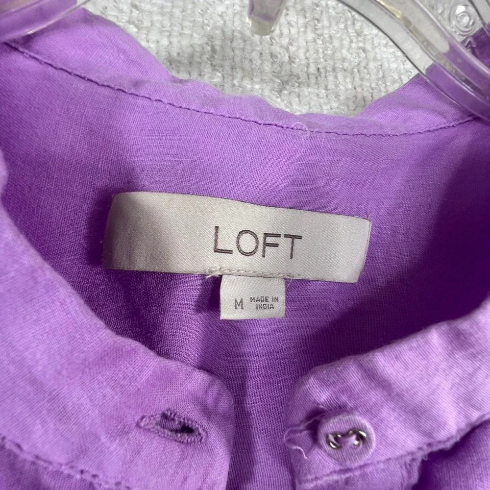 LOFT Purple Band Collar Button Down Blouse 3/4 Sleeve Pleated Yoke Size M - Picture 9 of 10
